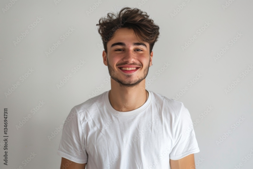 Portrait of a handsome young man in white t shirt smiling while standing against white background Portrait of a handsome young man in white t shirt smiling while standing against white background