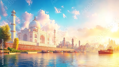 Majestic Taj Mahal with Scenic Sunrise Over Serene River