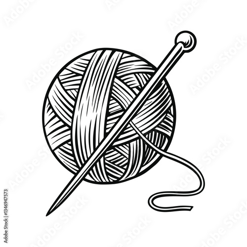 Yarn ball with needle vector illustration, hand drawn style, monochrome design, detailed vector, isolated on a white background