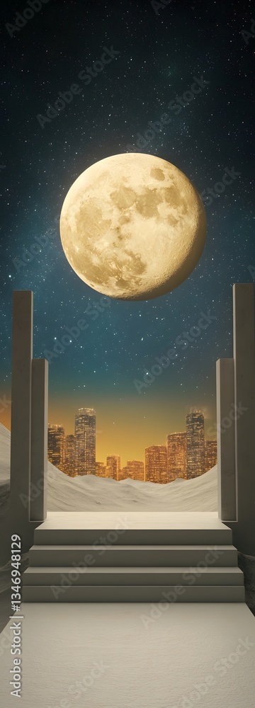 A podium set on the surface of an alien planet, with futuristic cities in the background.