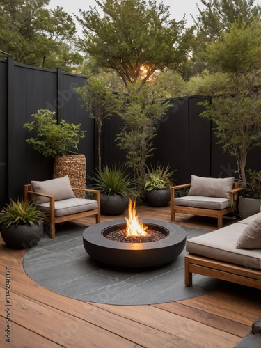 A cozy outdoor space features a fire pit and furniture