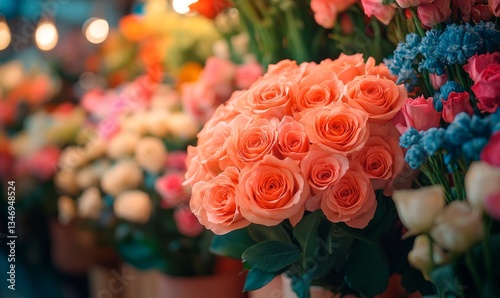Rose bouquet with various shades from light pink to deep red, blurred flowers in background, soft, romantic atmosphere, warm, cozy lighting