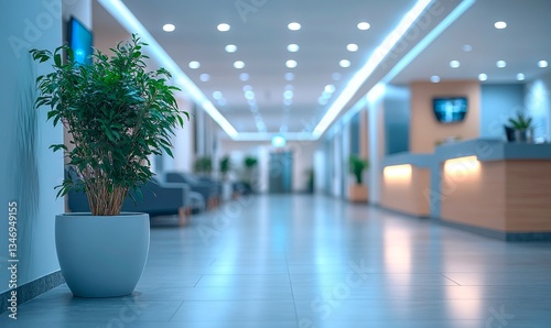 A modern, spacious corridor with a smooth floor and bright lighting. On the left foreground, there is a large plant in a white pot. Along the walls, several dark-colored sofas are arranged. 