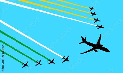 plane jet fighter aircraft silhouette aerobatic in sky with smoke flag of india
