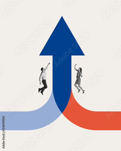 Growth strategy. Two executives rising through converging paths towards success, structured progress, strategic alliance, shared vision. Concept of leadership, business expansion, acquisition