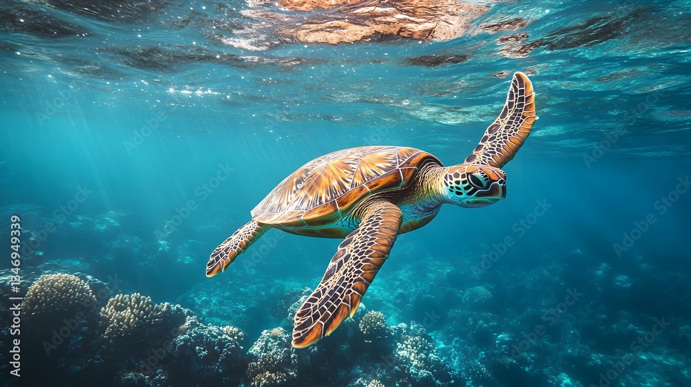 Fototapeta premium Sea Turtle Swimming in Sunlit Coral Reef
