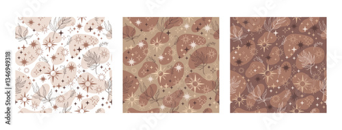 Celestial background with stars and magic design elements. Contemporary seamless pattern set. Trendy mocha mousse palette. Vector illustration. Modern Art design. For paper, cover, fabric, interior