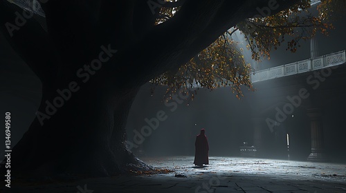 Enigmatic Figure under Ancient Tree in Sunlit Courtyard Setting