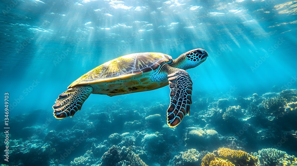 Fototapeta premium Sea Turtle Swimming in Sunlit Coral Reef