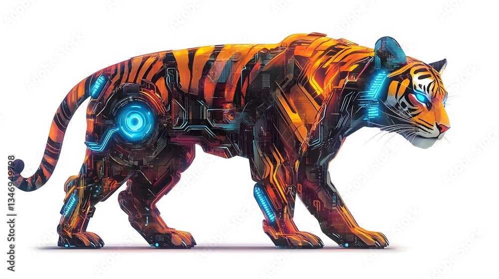 Fototapeta premium Vibrant Digital Fantasy Tiger with Futuristic Abstract Tribal Pattern Design