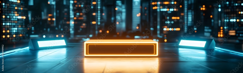 A sleek, futuristic podium glowing with neon lights, set in a cyberpunk city at night.