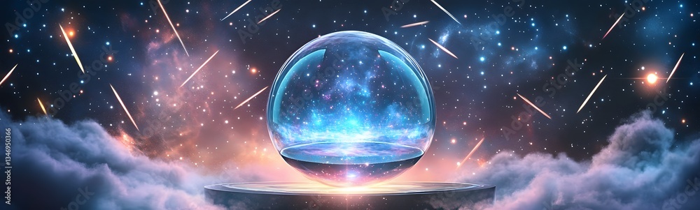 A floating crystal podium levitating in a celestial sky, surrounded by shooting stars.