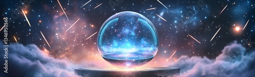 Obraz na płótnie A floating crystal podium levitating in a celestial sky, surrounded by shooting stars. w salonie