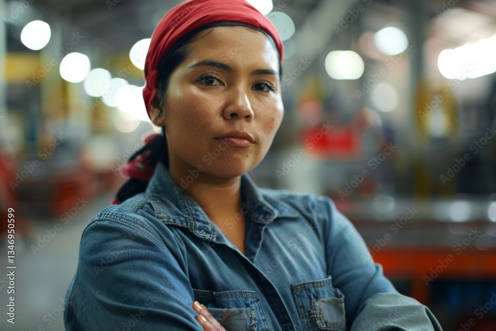 Naklejka premium Portrait of a young adult Hispanic female assembly line worker