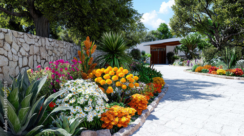 vibrant garden pathway adorned with colorful flowers and lush greenery, creating serene and inviting atmosphere