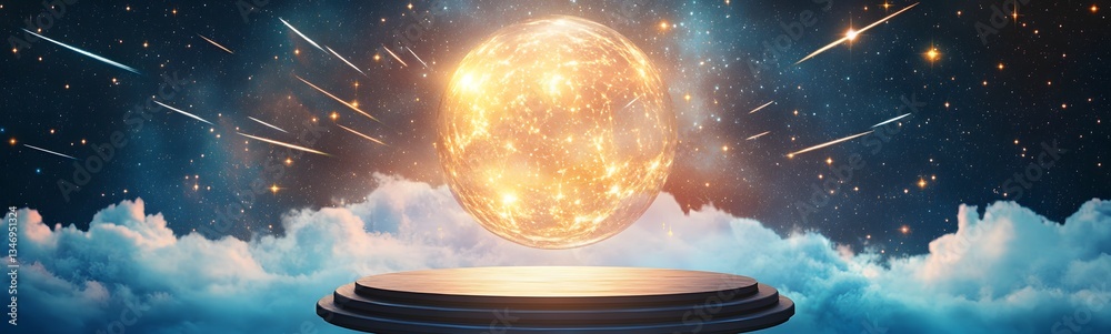 A floating crystal podium levitating in a celestial sky, surrounded by shooting stars.
