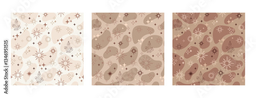 Celestial background with stars and magic design elements. Contemporary seamless pattern set. Trendy mocha mousse palette. Vector illustration. Modern Art design. For paper, cover, fabric, interior