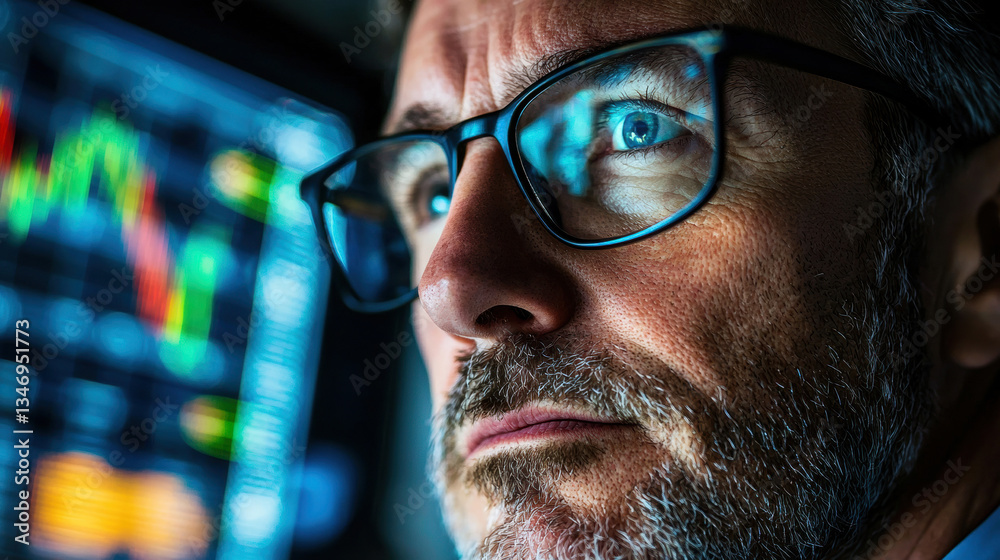 A close-up portrait of a middle-aged financial analyst with glasses, deep in thought, stock charts reflecting on his screen A close-up portrait of a middle-aged financial analyst with glasses, deep in thought, stock charts reflecting on his screen