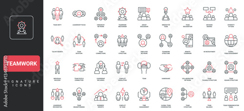 Teamwork communication, organizational department chart, hierarchy scheme line icon set. Leadership and team, group organization, workforce structure thin black and red symbols vector illustration