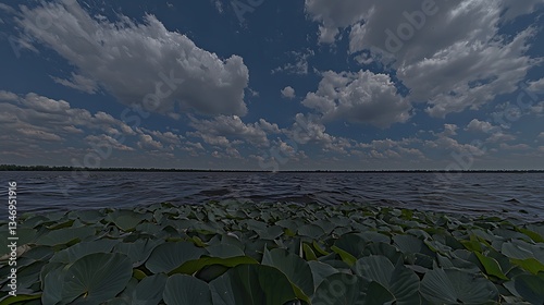 Calm Water Landscape with Lush Green Lily Pads and Blue Sky