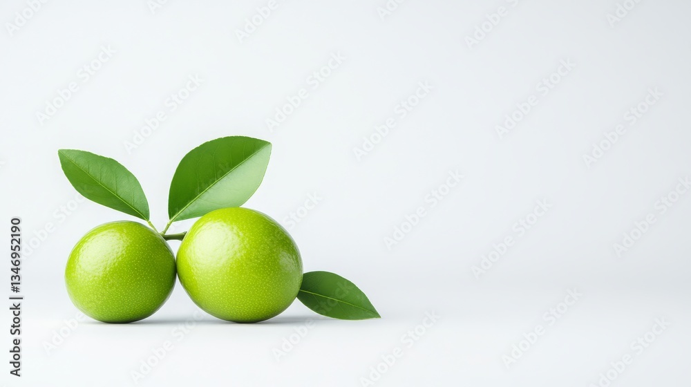 Fresh green limes with leaves on a minimalist backdrop Fresh green limes with leaves on a minimalist backdrop