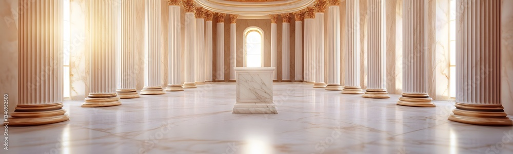 An ancient Greek-style podium made of marble, standing in a grand temple with massive pillars.
