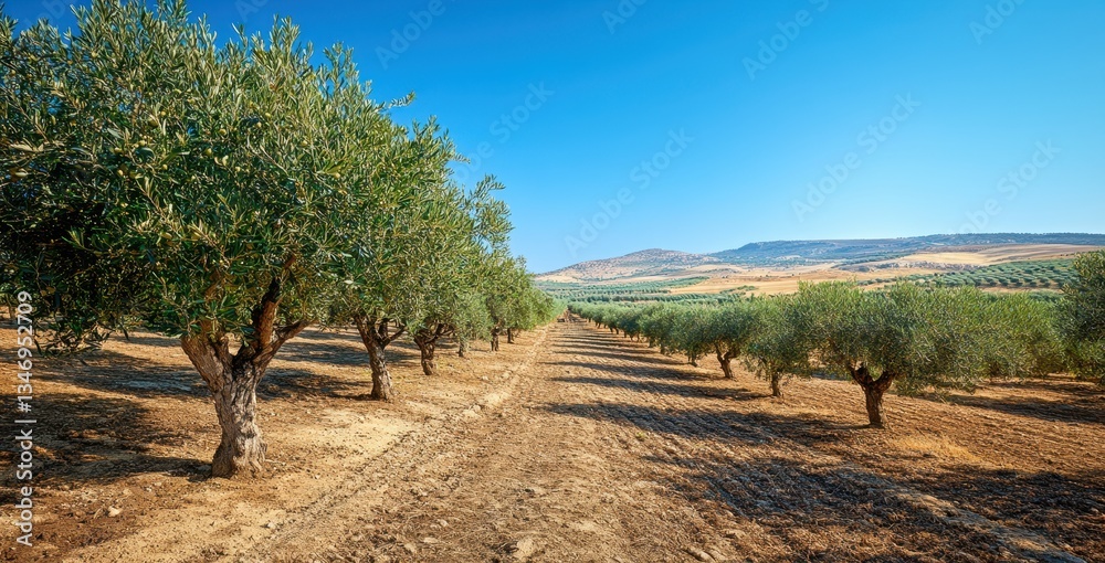 Fototapeta premium Breathtaking Olive Grove Landscape Under Clear Blue Sky, Rows of Olive Trees, Golden Earth, Serene Agricultural View, Peaceful Nature Scene