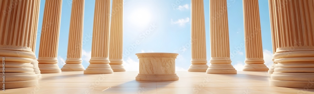 An ancient Greek-style podium made of marble, standing in a grand temple with massive pillars.