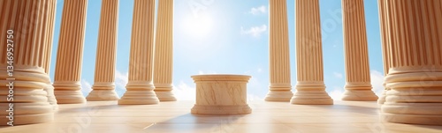 An ancient Greek-style podium made of marble, standing in a grand temple with massive pillars.