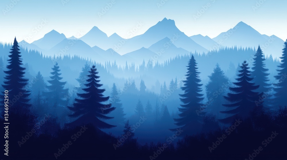 Fototapeta premium Serene Blue Mountain Landscape with Silhouetted Pine Trees