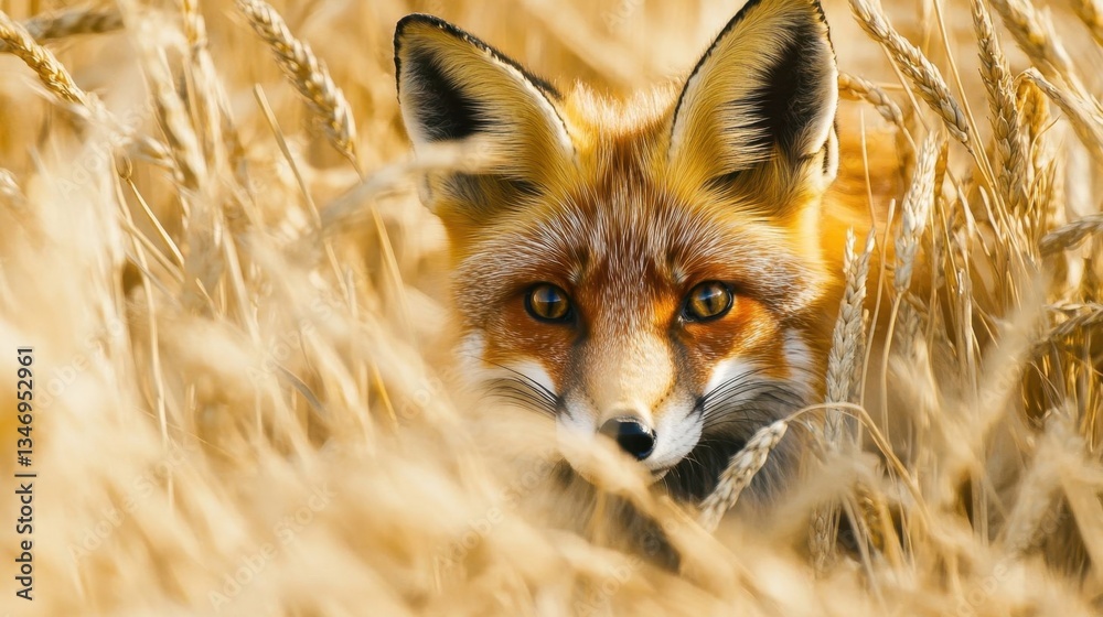 Obraz premium A red fox peeking through wheat.