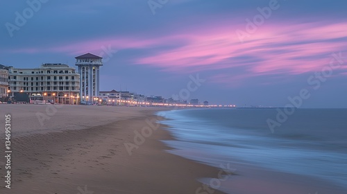 Serene Coastal Sunset with Wispy Clouds Over Sandy Beach