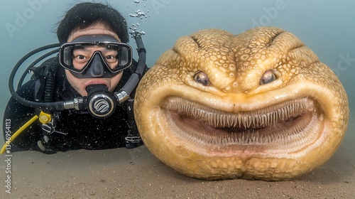 Diver and Unique Sea Creature Underwater Encounter in Ocean