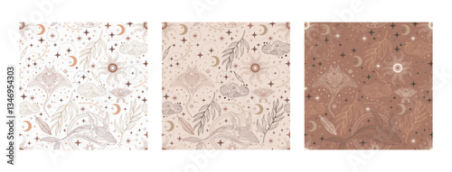 Celestial background with stars and magic design elements. Contemporary seamless pattern set. Trendy mocha mousse palette. Vector illustration. Modern Art design. For paper, cover, fabric, interior