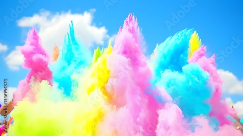Colorful Powder Explosion in Bright Blue Sky During Outdoor Event
