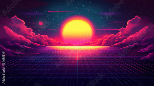 Synthwave Sunset,  Retro Futuristic Landscape