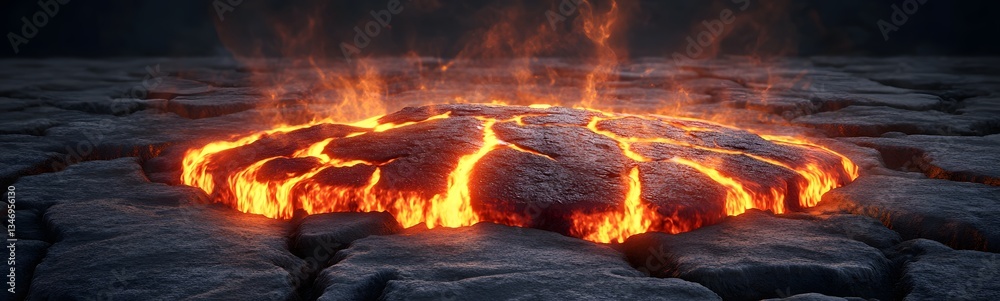 A volcanic rock podium with molten lava cracks, radiating heat and energy.