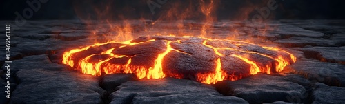 Obraz na płótnie A volcanic rock podium with molten lava cracks, radiating heat and energy. w salonie