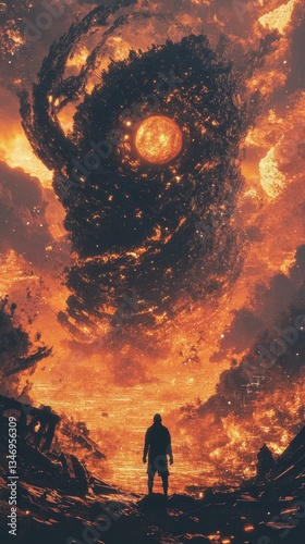 Man faces colossal fiery celestial anomaly.