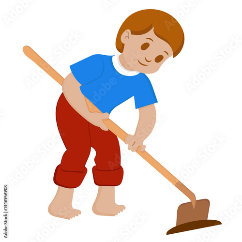 A boy in a blue T-shirt and red pants with a hoe in his hand works in the garden. Vector illustration on a white background.