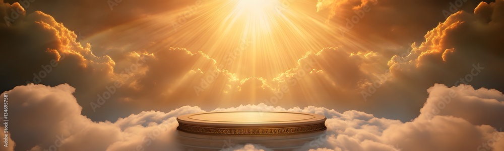 A celestial podium resting on clouds, illuminated by golden sunbeams breaking through.
