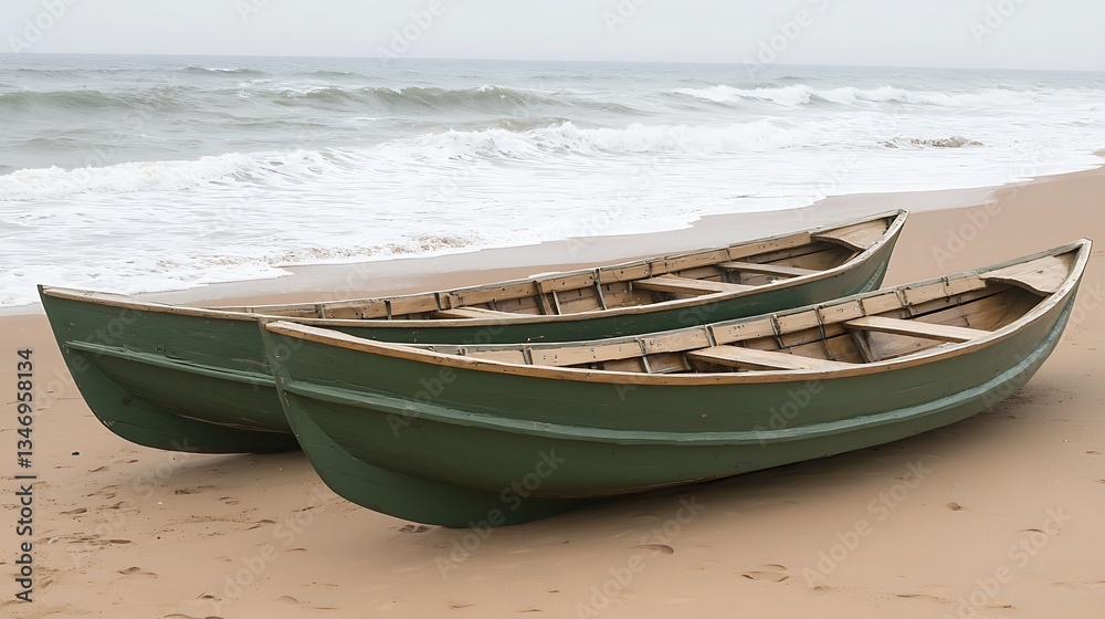 Two Green Wooden Boats on a Sandy Beach by the Ocean Waves Two Green Wooden Boats on a Sandy Beach by the Ocean Waves