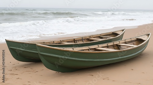 Two Green Wooden Boats on a Sandy Beach by the Ocean Waves