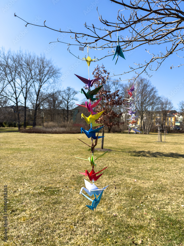 Origami paper cranes in bright colors flying in the wind on a tree vertical