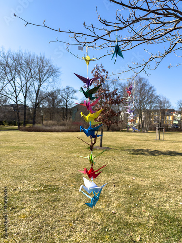 Obraz na płótnie Origami paper cranes in bright colors flying in the wind on a tree vertical w salonie