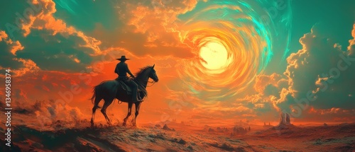Cowboy silhouette rides horse beneath swirling sky.