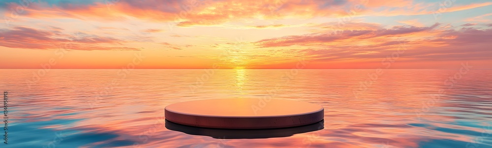 A podium resting on a still ocean, reflecting the hues of a mesmerizing sunset.