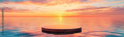 Obraz na płótnie A podium resting on a still ocean, reflecting the hues of a mesmerizing sunset. w salonie