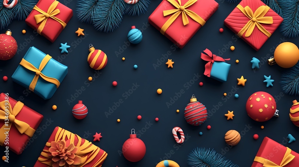 Fototapeta premium Elegant Christmas holiday with presents and ornaments on dark background
