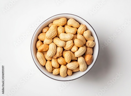 Peanuts in Shells in Bowl on White Background Overhead View